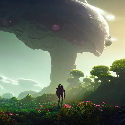 Image similar to a plant creature, plant filaments and flowers, walking on an alien planet with aliens plants, looking at an alien breathtaking landscape, cinematic lighting, concept art, artstation