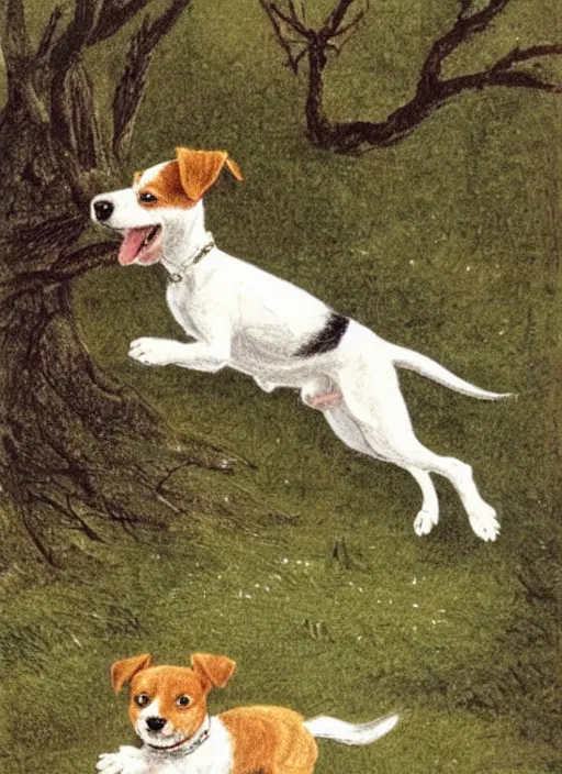 Image similar to jack russel terrier jumping from the ground over a small tree, illustrated by peggy fortnum and beatrix potter and sir john tenniel