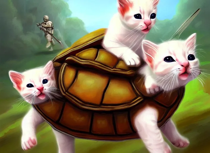 Image similar to white soldier kittens riding turtles going into battle, cute, digital oil painting, trending on artstation