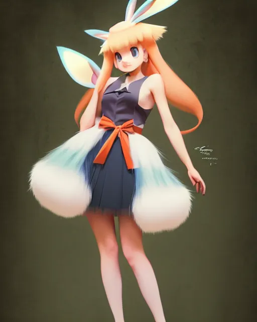 Image similar to photo of eevee pokemon humanisation, in nice fluffy skirt and ribbon, film still, dslr, by greg rutkowski, gil elvgren, enoch bolles, ross tran, artgerm, wlop, glossy skin, pearlescent, very coherent