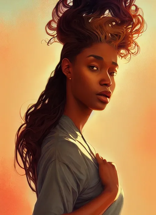 Image similar to handsome young black women with shoulder length brown hair, half body shot, path traced, highly detailed, high quality, digital painting, alena aenami, lilia alvarado, shinji aramaki, karol bak, alphonse mucha, tom bagshaw