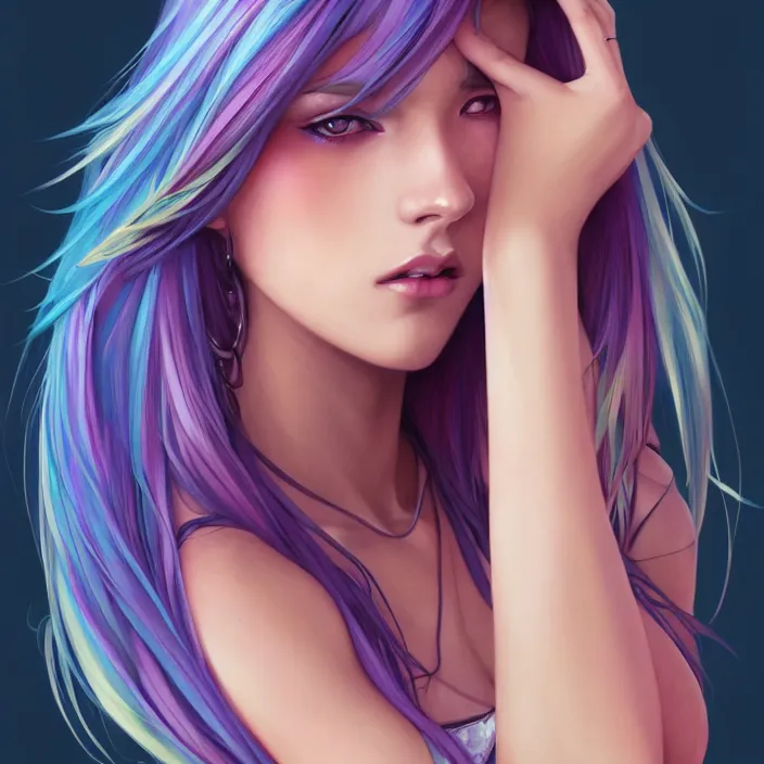 Image similar to full body portrait, a beautiful symmetrical gorgeous anime girl, rainbow hair, attractive, casual, modern, victoria's secret, highly detailed, digital painting, artstation, concept art, smooth, sharp focus, illustration, art by artgerm, greg rutkowski and alphonse mucha, 8 k,