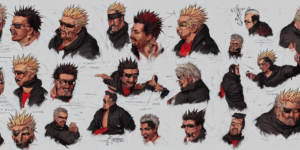 Image similar to guy fieri, character sheet, concept design, contrast, kim jung gi, greg rutkowski, zabrocki, karlkka, jayison devadas, trending on artstation, 8 k, ultra wide angle, pincushion lens effect