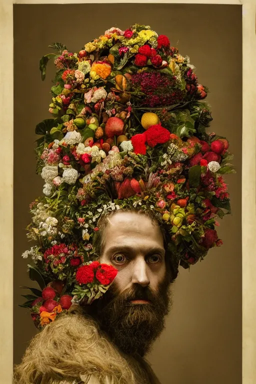 Image similar to A man's face, long beard, made of flowers and fruit, in the style of the Dutch masters and Gregory crewdson, dark and moody