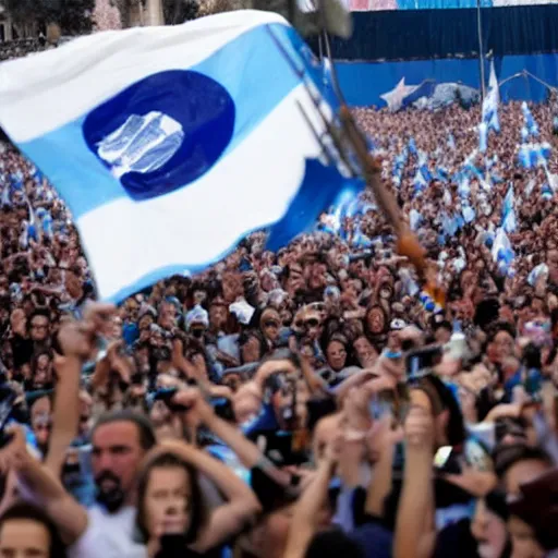 Image similar to Lady Gaga as president, Argentina presidential rally, Argentine flags behind, bokeh, detailed face, Argentina