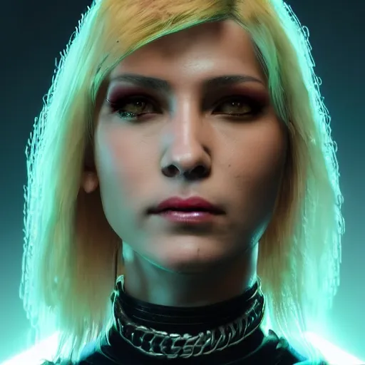 Prompt: headshot of punk female from cyberpunk 2077 wearing thick steel choker around neck, 4K, detailed face, collar on neck, realistic, artstation, neon,