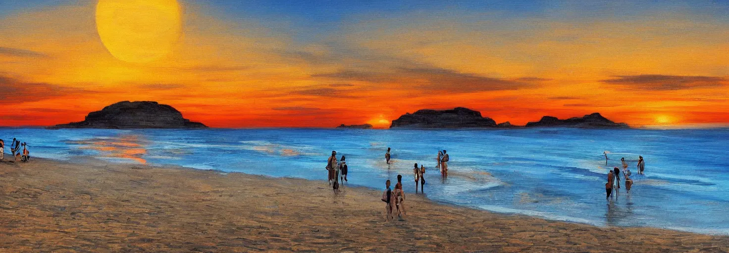 Prompt: People in beach, beach is between the two valleys, by Salvador Dali and Bob Ross collaboration, sun set, digital art, high details, wide shot