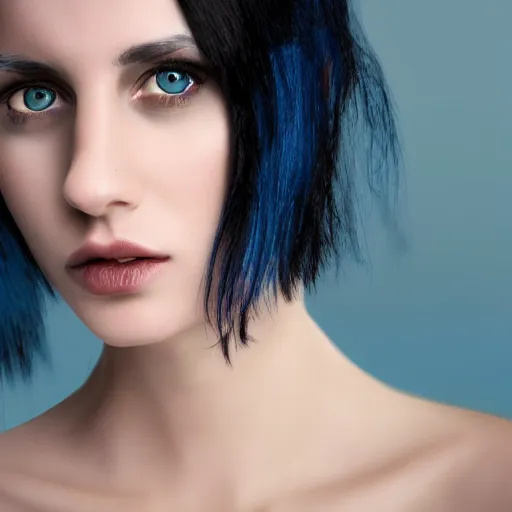 Prompt: raven haired seductive woman with stunning ocean blue irises with a beautiful face, sharp thin nose, fair skin, soft skin, long neck, and elf pointed ears showing bare shoulders