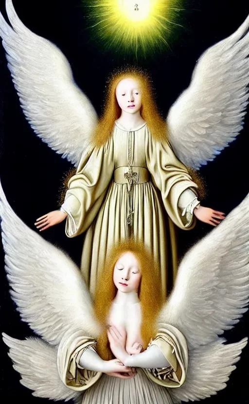 Image similar to highdetailed hyperrealistic painting of white angel!!! no gender!!!, giant ball of miracle light from the chest!!!!!, white sparkles everywhere, 4 k hd fur face!!!, big wings, by jan van eyck, holography space, glow effect, large strokes, white monochrome color!!!!!