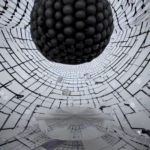 Image similar to : black sphere installation covered with white maze pattern,hyper detailed art station  parabolic lighting contest winners unrealengine trending on artstation,cinematic, hyper realism, high detail, octane render, 8k