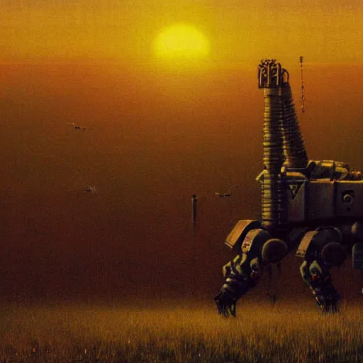 Prompt: a battlemech standing in a field at sunset by Beksinski