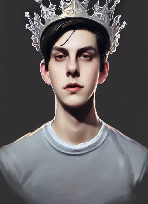 Image similar to portrait of teenage jughead jones wearing a light grey crown, photorealistic, crown, eyes closed, crown, black hair, intricate, elegant, glowing lights, highly detailed, digital painting, artstation, concept art, smooth, sharp focus, illustration, art by wlop, mars ravelo and greg rutkowski