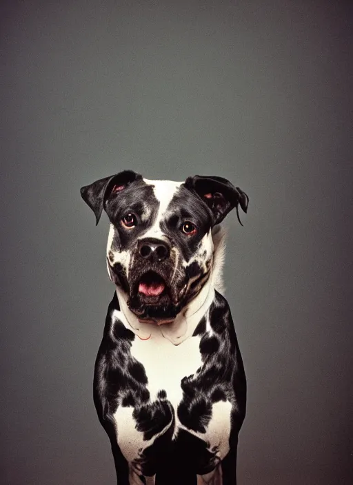 Prompt: a lumpy black dog, white hairs, short, fat, mutt, pitt, lab, photorealistic leica s photograph, kodachrome, psychedelic, platon