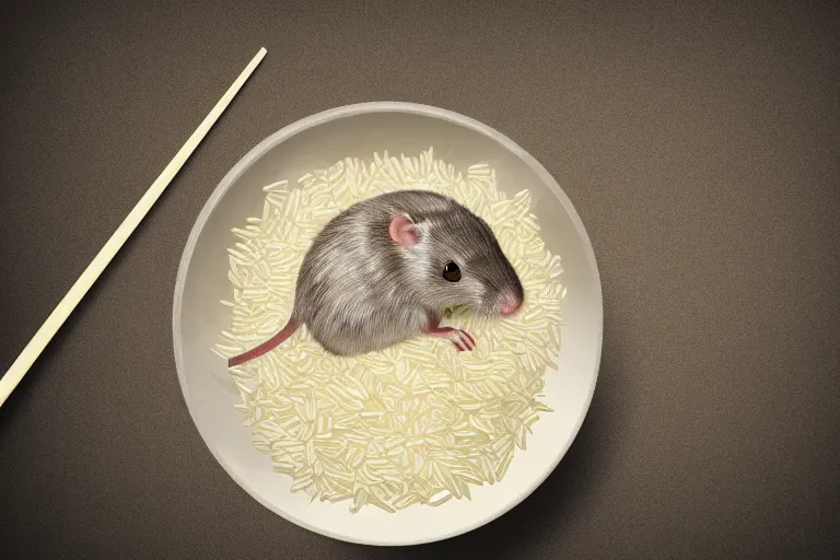 Image similar to a rat in a bowl with a few rice grains and broken chinese chopsticks, on a dirty table in poor apartments, dark atmosphere, digital art, very realistic