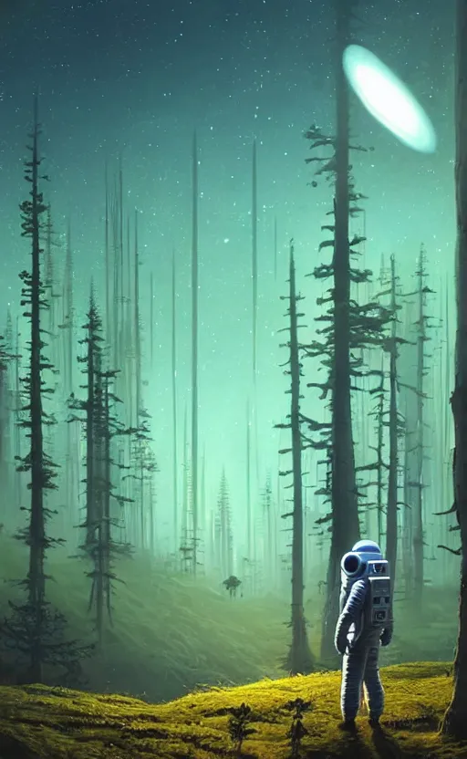 Image similar to A astronaut gazing upon an amazing alien forest landscape, digital art, breathtaking, golden ratio, extremely detailed, establishing shot, hyperrealistic, cinematic lighting, particles, unreal engine, simon stålenhag, rendered by Beeple, Makoto Shinkai, syd meade, simon stålenhag, Ruan Jia, Kentaro Miura, environment concept, artstation, octane render, 8K UHD image