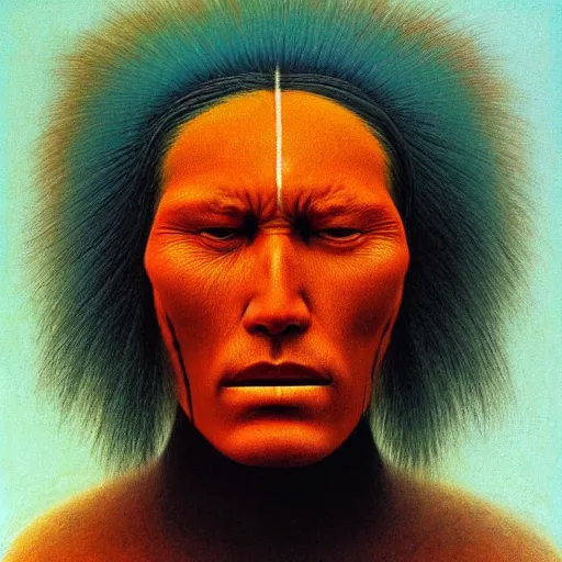 Image similar to symmetric portrait of indigenous warrior, turquoise and orange hair. realistic. high detail.by zdzisław beksiński