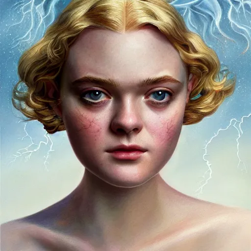Prompt: professional painting of Elle Fanning in the style of James C. Christensen, head and shoulders portrait, symmetrical facial features, smooth, sharp focus, illustration, intricate, stormy weather, extremely detailed masterpiece,