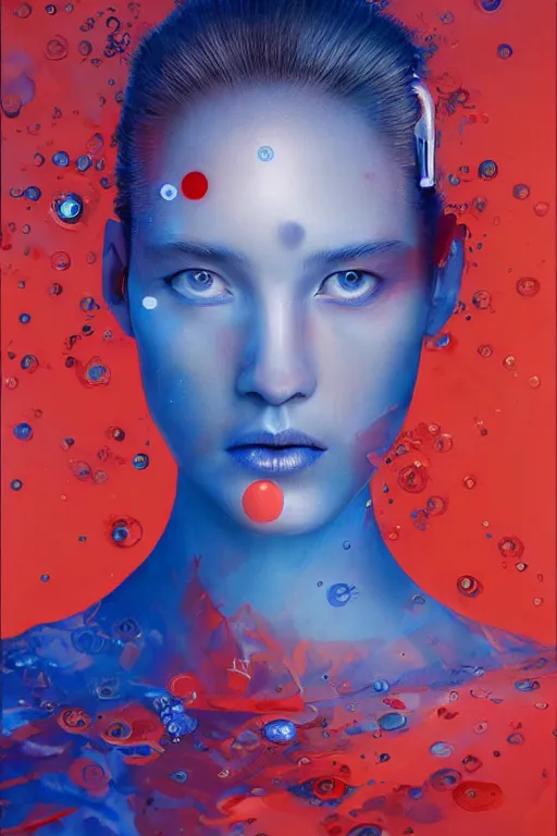 Prompt: 3 d, sci - fi, sun rays, sleepy fashion model face, detailed blue faces aside, cinematic, vogue cover style, poster art, light red and deep blue mood, realistic painting, intricate oil painting, high detail, figurative art, multiple exposure, poster art, 3 d, by tooth wu and wlop and beeple and greg rutkowski