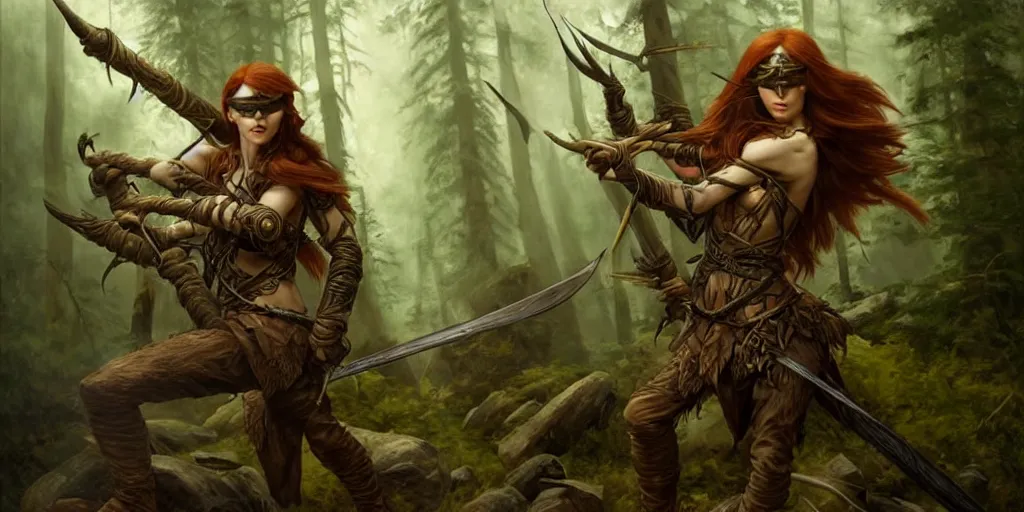 Prompt: wood elf ranger with eye patch with long auburn hair wearing dark brown leather armor using a glaive to battle a stone troll in an ancient, mysterious forest at dusk, fantasy, intricate, elegant, highly detailed, digital painting, artstation, concept art, matte, sharp focus, illustration, art by roberto ferri and greg rutkowski and alphonse mucha