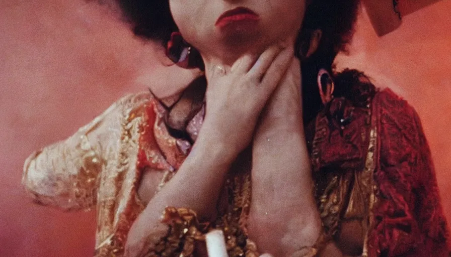 Image similar to movie still by alejandro jodorowsky, portrait of a multicultural beautiful female shamanic cult magician, performing a ritual to manifest dreams, magic details, cinestill 8 0 0 t eastmancolor technicolor, high quality, very detailed, heavy grain, fine facial features, 8 k, octane render