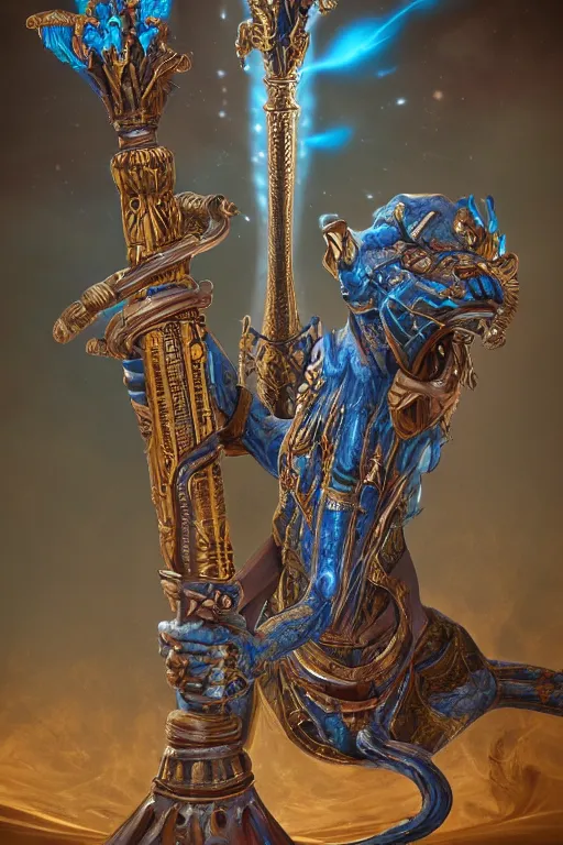 Prompt: an ornate and royal egyptian old twisted ornate carved wooden wizards staff weapon with a radiant blue crystal on top tip hovering, unreal engine, hyper realism, realistic shading, cinematic composition, blender render, octane render, hdr, detailed textures, photorealistic, 3 5 mm film, fantasy greg rutkowski digital painting, giger