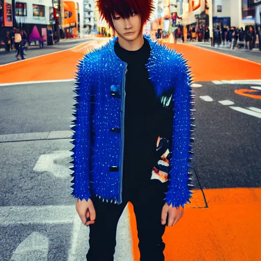 Image similar to orange - haired anime boy, 1 7 - year - old anime boy with wild spiky hair, wearing blue jacket, shibuya street, bright sunshine, strong lighting, strong shadows, vivid hues, sharp details, subsurface scattering, intricate details, hd anime, anime movie, 2 0 2 1 anime