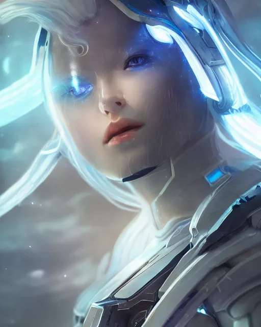 Image similar to perfect android girl on a mothership, warframe armor, beautiful face, scifi, futuristic, galaxy, nebula, raytracing, dreamy, long white hair, blue cyborg eyes, sharp focus, cinematic lighting, highly detailed, artstation, divine, by gauthier leblanc, kazuya takahashi, huifeng huang