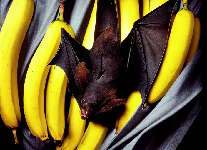 Image similar to a long shot, color studio photographic portrait of a bat eating bananas, dramatic backlighting, 1 9 9 3 photo from life magazine,