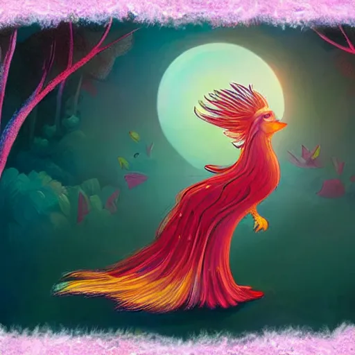 Prompt: a childrens book illustration about a faithful phoenix for a story that reads : from the ashes, she is born anew, to live and love and play once more. with each sunrise, she starts afresh, for life is nothing if not a game., ( 0 ), digital art