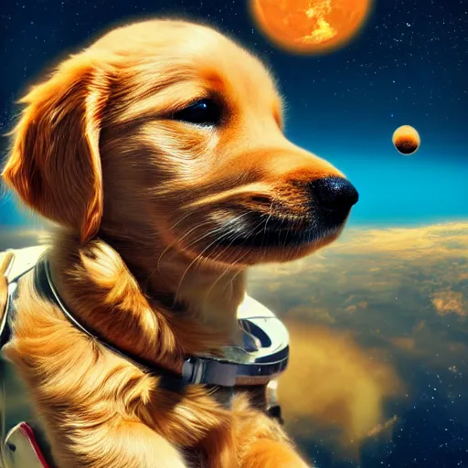 Prompt: photorealistic photograph of a golden retriever puppy in a spacesuit floating through the cosmos, realism, 4k