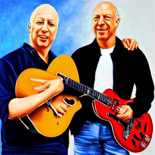 Image similar to portrait of mark knopfler with david gilmour, joyful, highly detailed painting by stephen bliss, boxart, 8 k