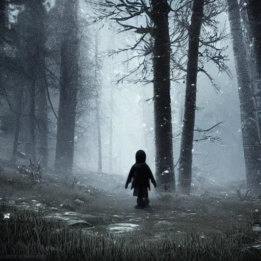 Prompt: in the long past, a alone child, alone in the darside, cold place, mother of witchers, shaodws coming, spirits in the dark, real atmosphere, forest decor