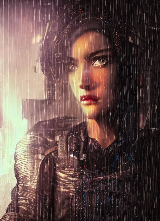 Image similar to cyberpunk woman, raining, in an alley at night, back lit, face visible and lit, by webang111 and WLOP, trending on artstation, 8k, Intricate, Unreal Engine