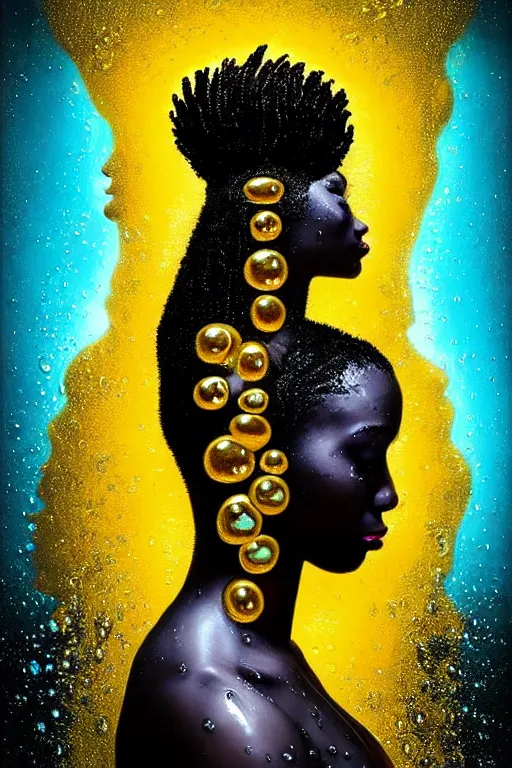 Image similar to hyperrealistic post - futurist cinematic very expressive! profile black oshun goddess, in water! up to shoulders, mirror dripping droplet!, gold flowers, highly detailed face, digital art masterpiece, smooth eric zener cam de leon, dramatic pearlescent turquoise light on one side, low angle uhd 8 k, shallow depth of field