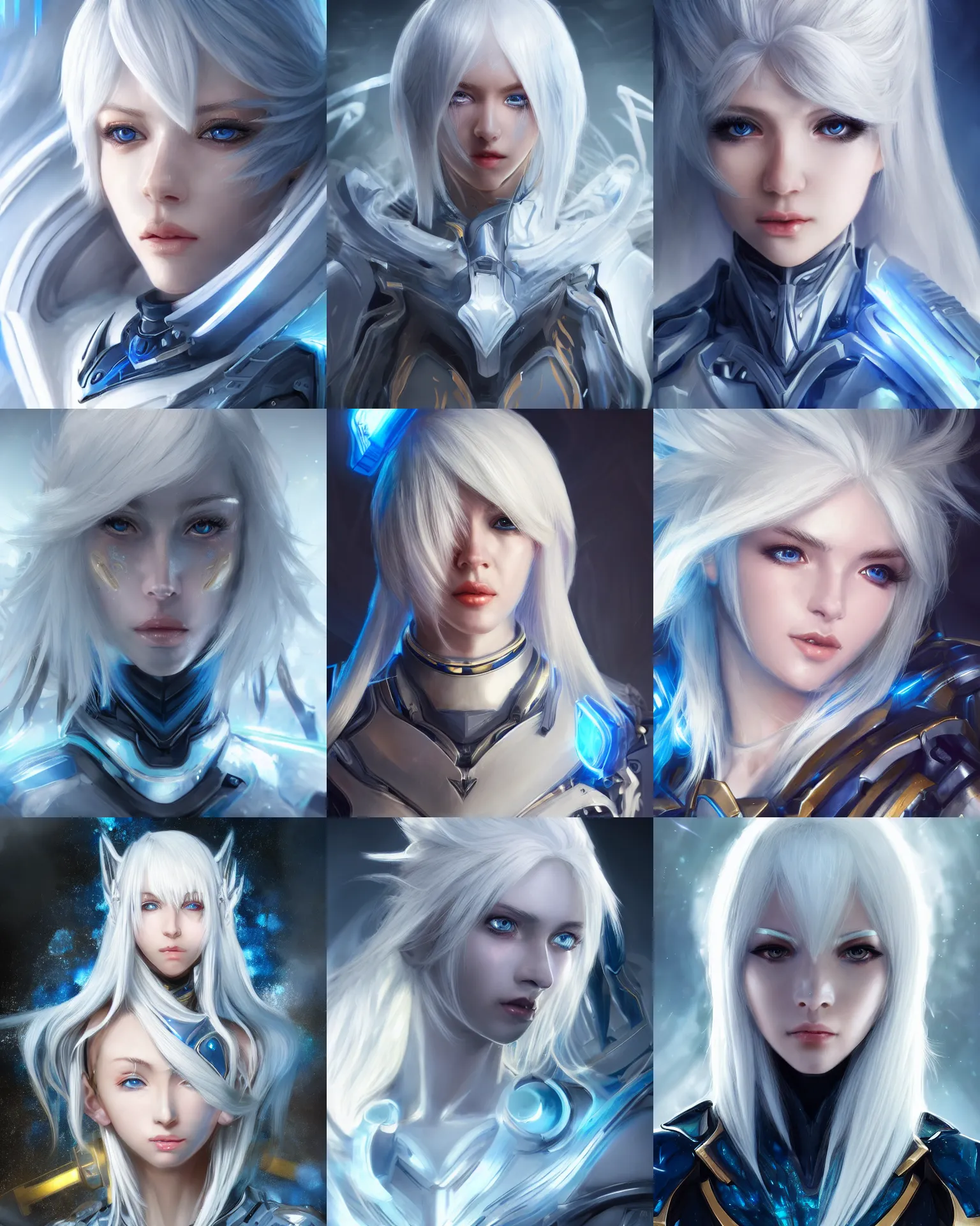 Prompt: detailed portrait of perfect white haired girl, android, warframe armor, beautiful, dreamy, pretty face, blue cyborg, eyes, scifi, 4 k, blue, gold, sun yunjoo, ultra realistic, aura of light, cinematic lighting, highly detailed, sharp focus, masterpiece, art by won kim