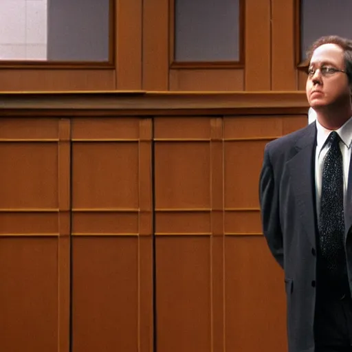 Image similar to James Spader as Alan Shore standing in a courtroom.