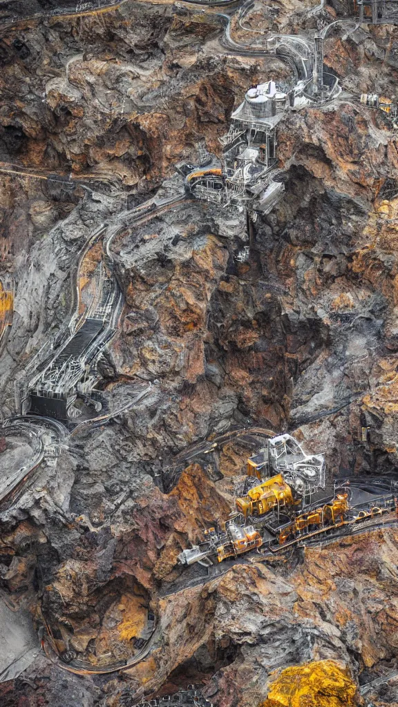 Prompt: ultra realistic macro photography of the giant magical machine embedded within the mountain, colourful sedimentary and igneous rock and marble, rock textures industrial machinery, factory machines, pistons, pipes and valves, super conducters, circuitry. 8k 3D geology