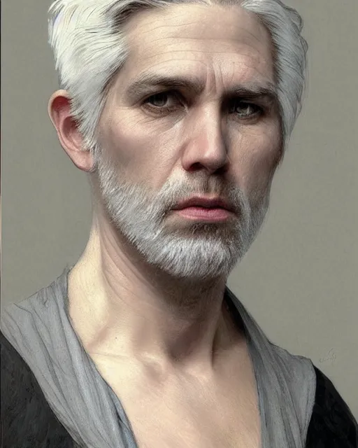 Prompt: portrait of 4 0 - year - old man with white hair with a pale complexion, pointed face and grey eyes, clear smooth face, no beard, wearing black clothes, haughty facial expression, hyper realistic face, beautiful eyes, close up, fantasy art, in the style of greg rutkowski, intricate, alphonse mucha, hyper detailed, smooth