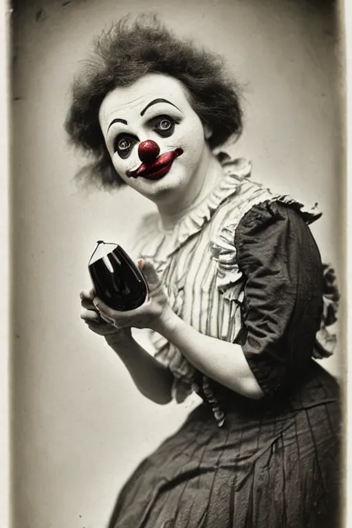 Image similar to old realistic photo of face of a female sad and tired clown, clown is holdind wine bottle, photograph, early 1 9 0 0's, black and whitehighly detailed, matte, sharp focus, smooth, sharp focus, illustration