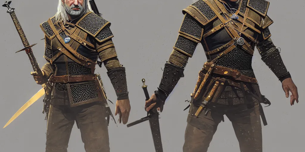 Image similar to witcher from syria, new costume concept design with metal sholders and ornaments on the armor, oriental armor style, arabic, fashion, colors with gold and dark blue, concept art, by artgerm, greg rutkowski, cinematic light, featured on artstation, octane render, sharp focus, ray tracing, artstationhq, cgsociety, 8 k.