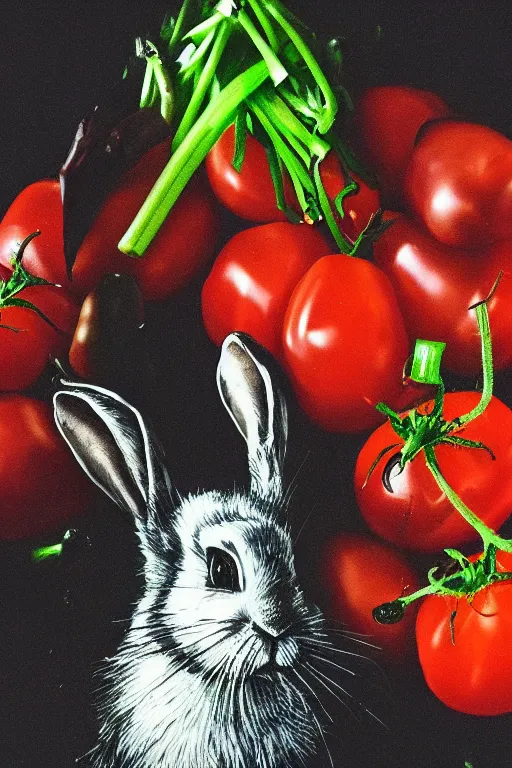 Image similar to portrait of rabbit, demon eyes, dracula fangs! haunted house, celery tomatoes carrots in background