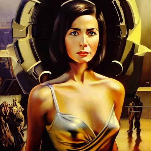 Image similar to ultra realistic portrait painting of maia sandu in futuristic sci - fi city, art by frank frazetta, 4 k, ultra realistic, highly detailed, epic lighting