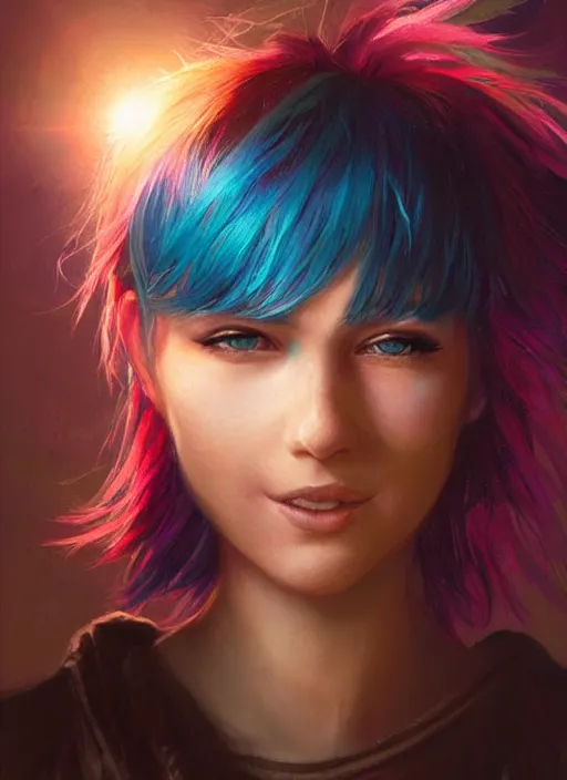 Image similar to girl with rainbow hair, pixie haircut, beautiful highly detailed face, complementary lighting, backlit, black eyeshadow, grinning, adventure, dramatic lighting, landscape background, beautiful painting by artgerm and greg rutkowski and raymond swanland