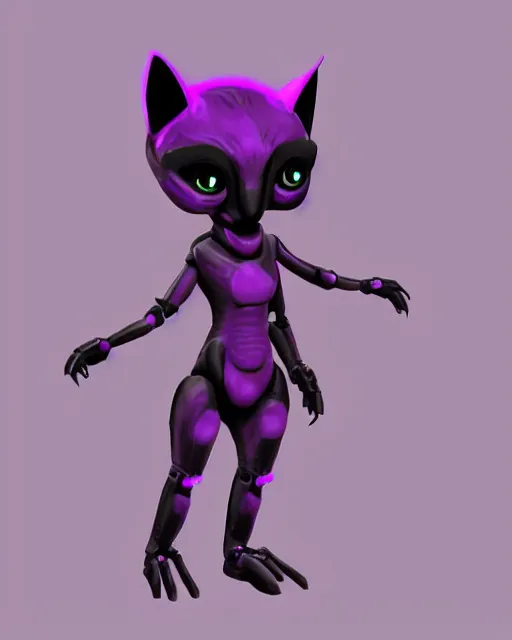 Prompt: sci fi humanoid cat with horns instead of ears and a face like a hyena holding a laser rifle, futuristic, purple skin, photorealistic concept art
