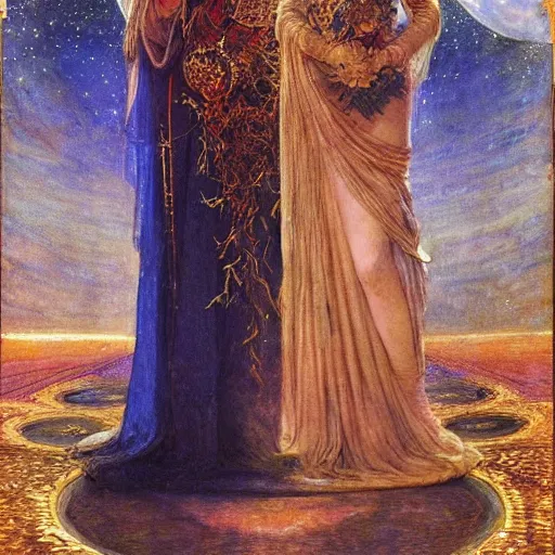 Prompt: the queen of the moon and the stars in full regalia, by Annie Swynnerton and Tino Rodriguez and jean delville, elaborately costumed, rich color, dramatic cinematic lighting, extremely detailed