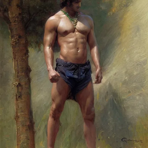 Image similar to Manu Rios with a muscular body type, painting by Gaston Bussiere, Craig Mullins