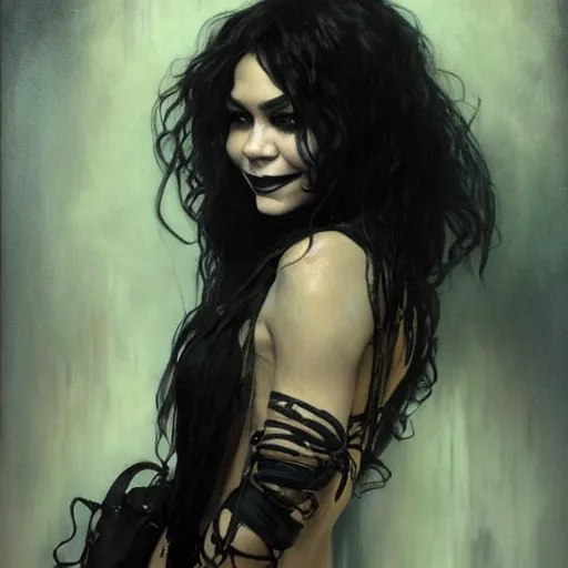 Image similar to beautiful portrait of vanessa hudgens as death from sandman, smiling, by cedric peyravernay, alphonse mucha, by jeremy mann, by lecouffe deharme, goth chic, soft lightning, eyeliner, punk rock, high detailed, 8 k