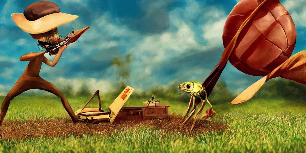 Prompt: a cricket playing a tiny piano on top of a picnic blanket about to be crushed by a giant human foot, low field of view, blurry background, digital art, artstation
