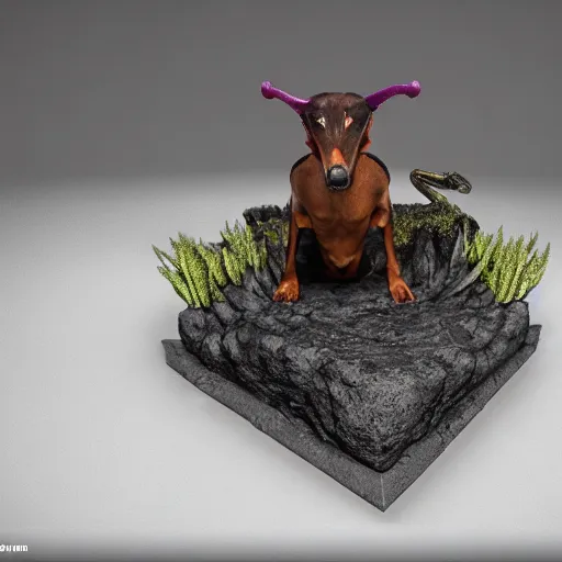 Image similar to the god of small scissors!!, pitchburn devils!, security rhox, sauroform hybrid, forbidding spirit!!, guardian project, hackrobat!!!, dachshund bonsai, cinematic, hyper realistic, detailed, 8k, octane render.