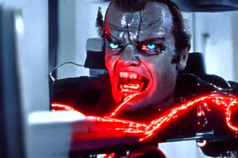 Image similar to Jack Nicholson plays Terminator, his one yes glow red, he is injured, still from the film